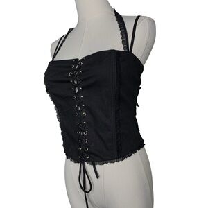New With Tags Black Lace Up Corset Style Tank Top Halter Strappy Lace Scallop